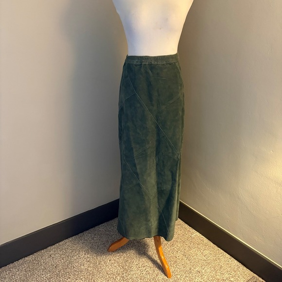 Denim & Co Forest Green 100% Genuine Leather Suede Patchwork Maxi Skirt Large